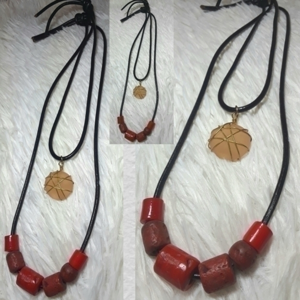 Lava Bead Earth Stone Leather Cord Necklace